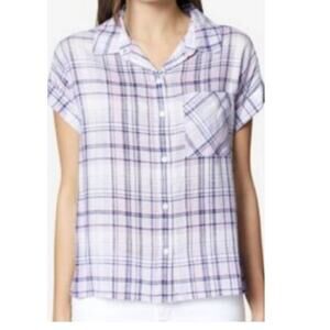 Sanctuary Purple Mod Plaid Boyfriend Short Sleeve Button Up Blouse L